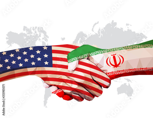 Cooperate of USA vs Iran, Flags on clenched hands facing each other on World map, Vector illustration