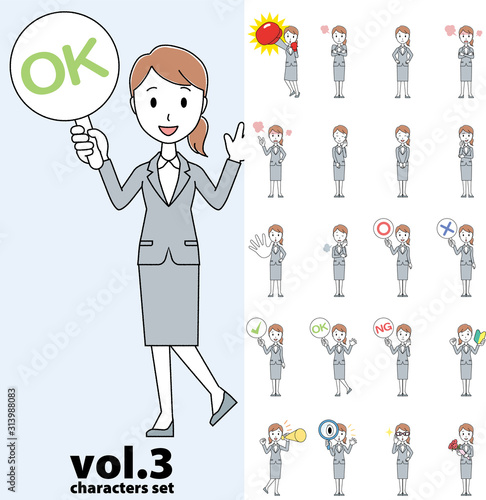 Set of various poses of a young woman wearing a gray suit vol.3