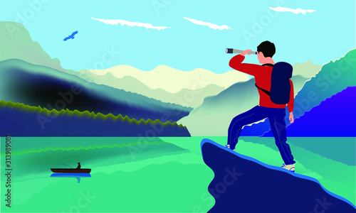 A man with a backpack, traveler or explorer standing on top of a mountain or cliff and looking at a lake and mountains. Concept for design postcards, exploration, hiking, adventure tourism and travel.