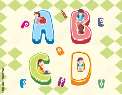 ABCD alphabet icon, kid playing in alphabet ABCD icon illustration vector photo