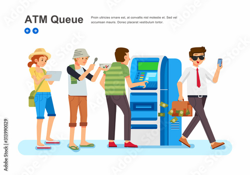 people with various proffesion line up in front of ATM machine isometric vector illustration