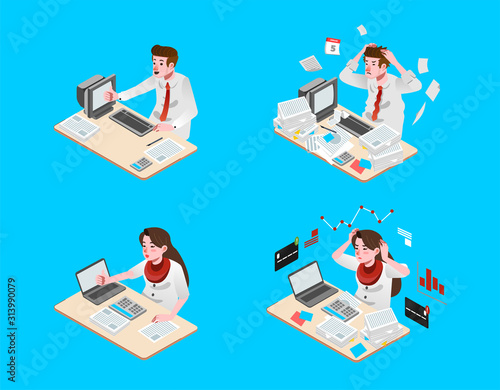 set of people man and women working in office with happy and stress face isometric vector illustration
