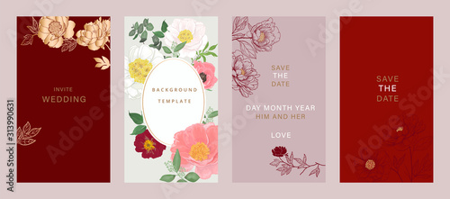 Red Luxury Chinese Wedding Invitation, floral invite thank you, rsvp modern card Design in summer pink leaf and greenery branches decorative Vector elegant rustic template