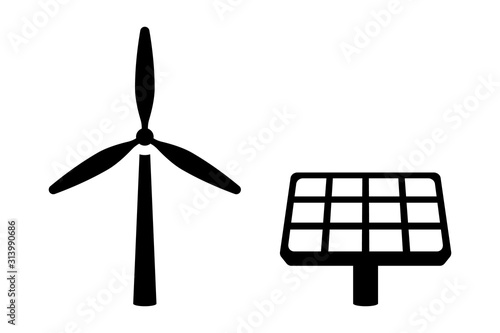 Wind turbine and solar cell icon black color