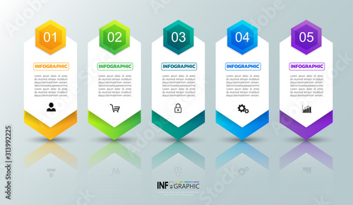 Infographics design template, 3D Business concept with 5 steps or options, can be used for workflow layout, diagram, annual report, web design.Creative banner, label vector.