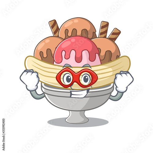 Smiley mascot of banana split dressed as a Super hero