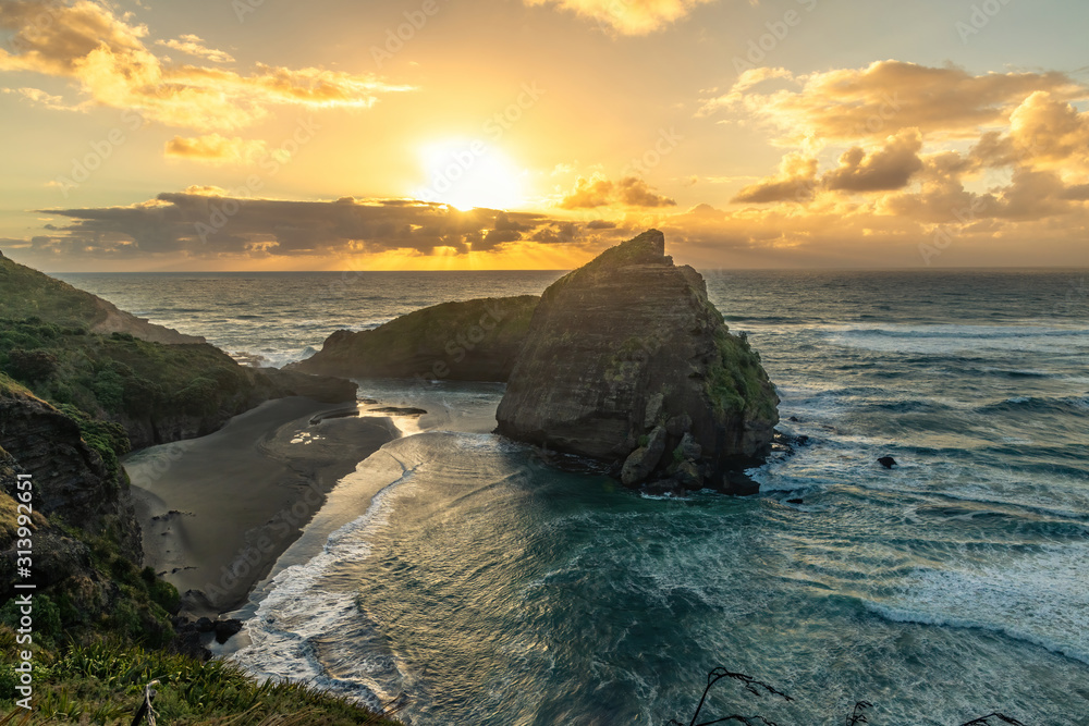 Wide-angle view of Piha beach cove behind Camel Rock in sunset light Wide-angle view of Piha beach cove behind Camel Rock in sunset light