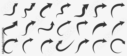 Set of grey curved arrows isolated on white background.