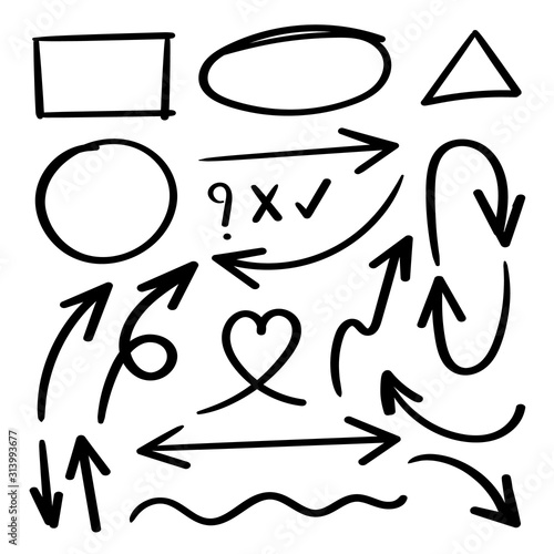 Hand drawn arrows vector icons set. Arrow design for application, doodle, business planing and graphic design element. 
