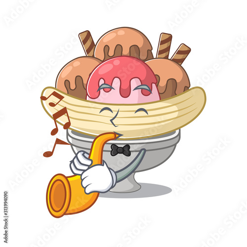 cartoon character style of banana split performance with trumpet