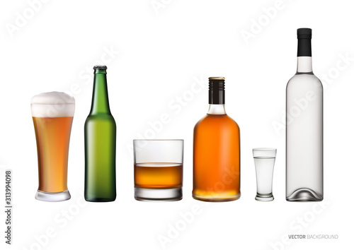 Set with various glasses and bottles of alcohol