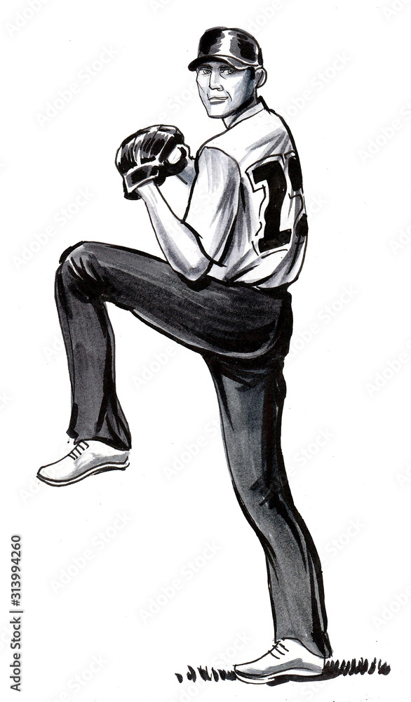 Baseball player. Ink black and white drawing - Stock Illustration