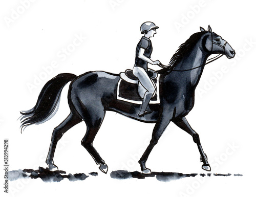 Ink and watercolor drawing of a woman riding a horse