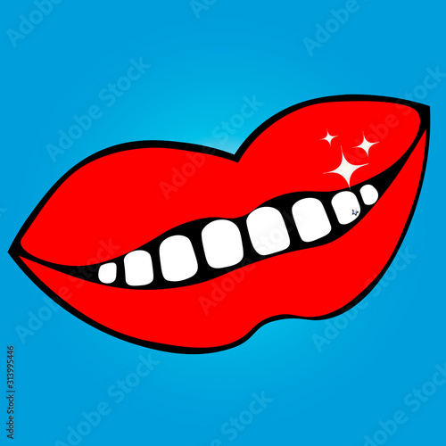 Color illustration - Cheshire cat smile. Lips. Decoration of rhinestones in the shape of a star. Shine of snow-white teeth. Sea wave background. Idea for sticker, sticker. Illustration for Valentine d