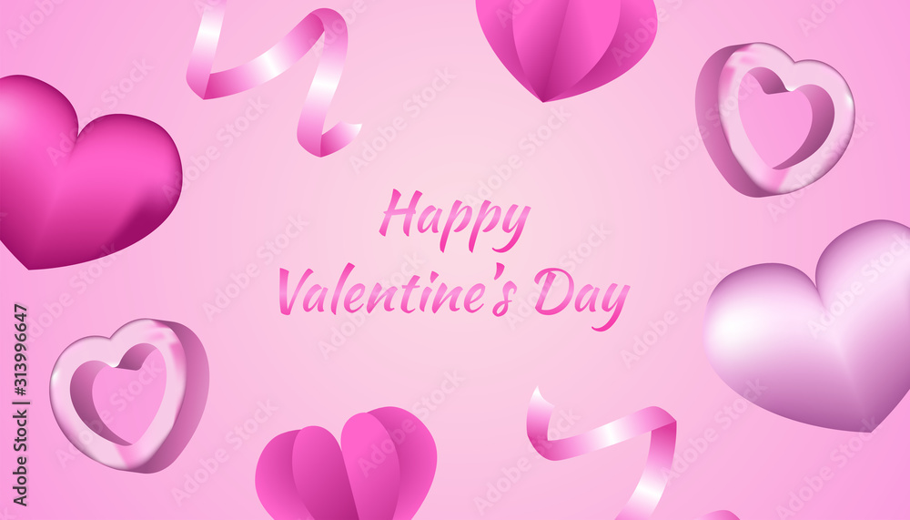 Happy Valentines Day Background with 3d heart shape, paper love, ribbon and gift box in pink and white color, applicable for invitation, greeting, celebration card