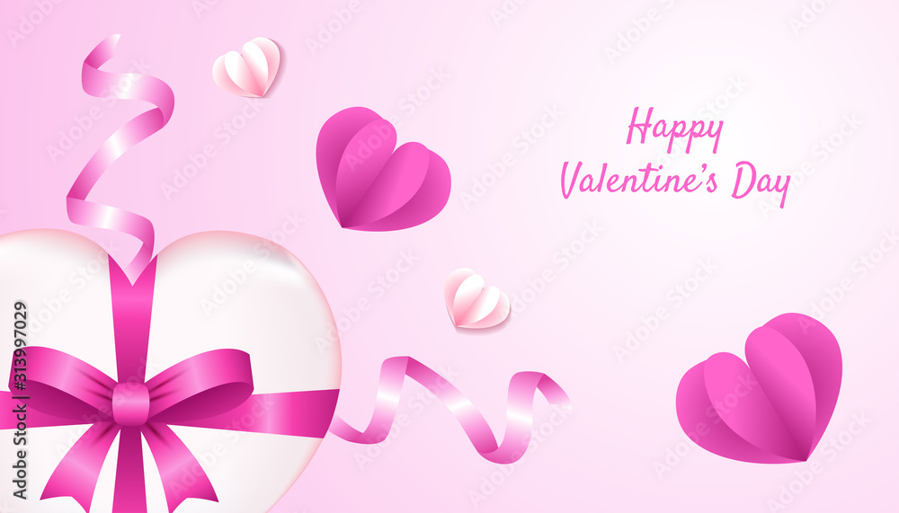 Happy Valentines Day Background with 3d heart shape, paper love, ribbon and gift box in pink and white color, applicable for invitation, greeting, celebration card