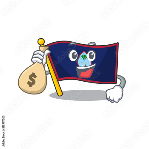 Happy rich flag guam cartoon character with money bag