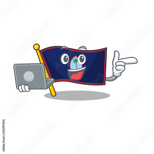 Smart character of flag guam working with laptop