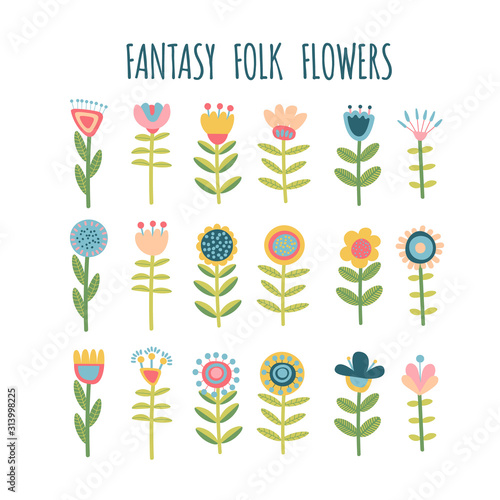 Floral elements set. Flower head, petals, leaves and branches. Fantasy folk hand drawn design elements. Colorful flat cartoon vector