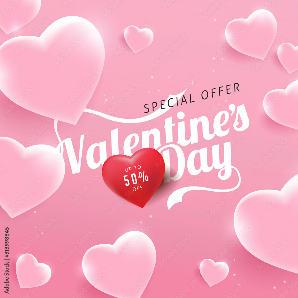 Valentines day sale background with Heart Shaped glass. Vector illustration.banners.Wallpaper.flyers, invitation, posters, brochure, voucher discount.