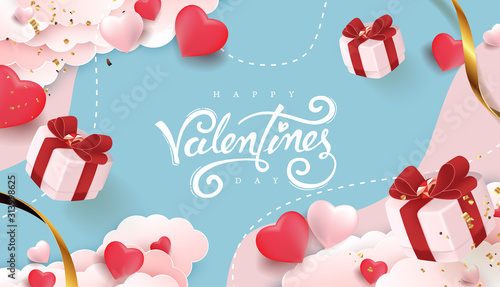 Valentines day background with Heart Shaped Balloons and gift falling. Vector illustration.banners.Wallpaper.flyers, invitation, posters, brochure, voucher discount.