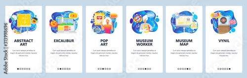 Modern art museum, popart, history exhibition. Mobile app onboarding screens. Menu vector banner template for website and mobile development. Web site design flat illustration
