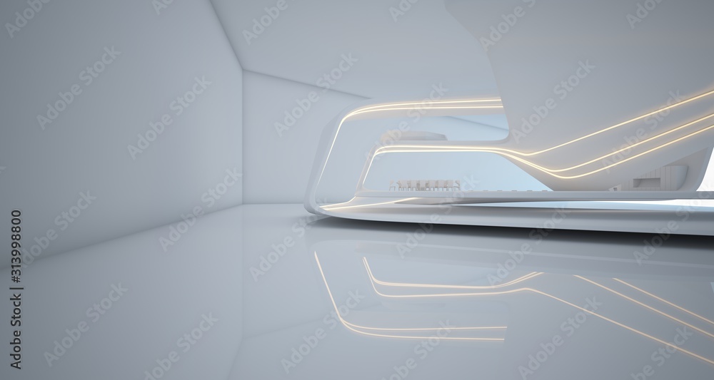 Abstract architectural white smooth interior of a minimalist house with swimming pool and neon lighting. 3D illustration and rendering. Abstract architectural white smooth interior of a minimalist house with swimming pool and neon lighting. 3D illustration and rendering.