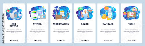Tattoo salon accessories, table, razor, tattoo coil, stencil. Mobile app onboarding screens. Menu vector banner template for website and mobile development. Web site design flat illustration