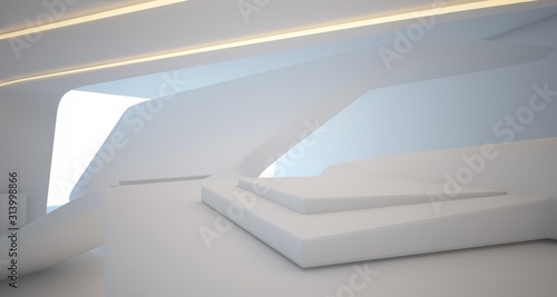 Abstract architectural white smooth interior of a minimalist house with swimming pool and neon lighting. 3D illustration and rendering.