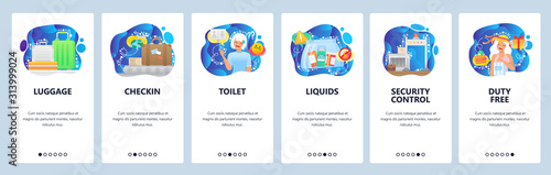 Airport terminal icons, baggage belt, liquids, security control, duty free. Mobile app onboarding screens. Menu vector banner template for website and mobile development. Web site design illustration