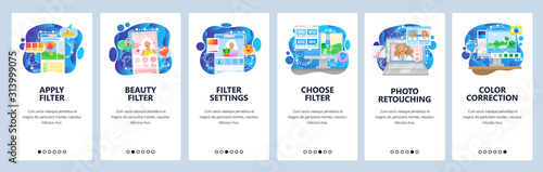 Photo sharing app, filter settings, photo retouch, beauty blog. Mobile app onboarding screens. Menu vector banner template for website and mobile development. Web site design flat illustration