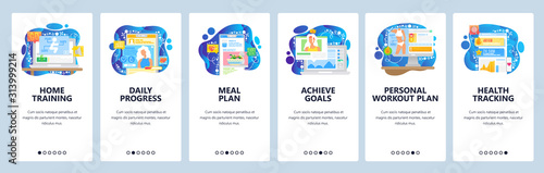 Healthcare mobile app, sport training, diet and personal goals. Mobile app onboarding screens. Menu vector banner template for website and mobile development. Web site design flat illustration