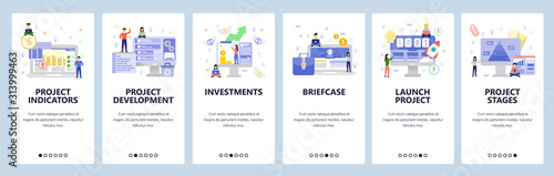 Business management, financial chart, project launch, investments. Mobile app onboarding screens. Menu vector banner template for website and mobile development. Web site design flat illustration