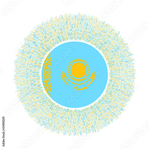 Flag of Kazakhstan with colorful rays. Radiant country sign. Shiny sunburst with Kazakhstan flag. Astonishing vector illustration.