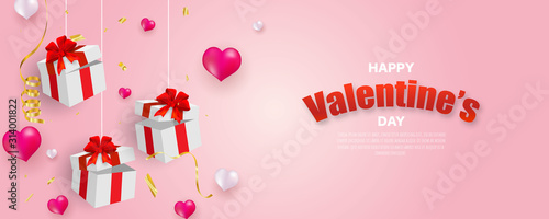 Valentine's day, banner template. Surprise gift box with glod ribbon and hearts balloon, photo