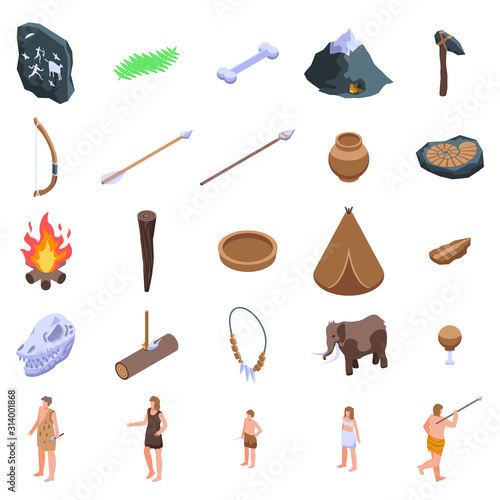 Stone age icons set. Isometric set of stone age vector icons for web design isolated on white background