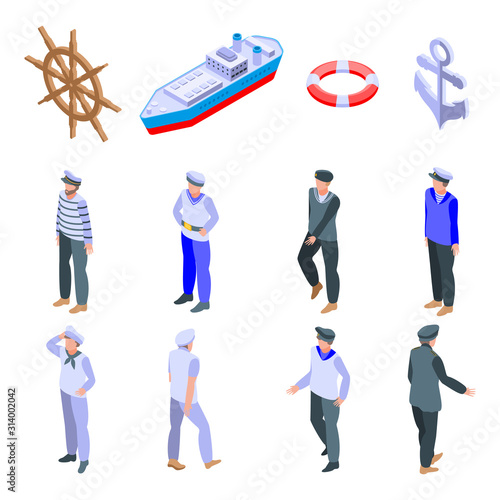 Sailor icons set. Isometric set of sailor vector icons for web design isolated on white background