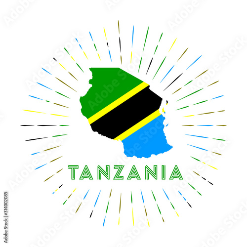 Tanzania sunburst badge. The country sign with a map of Tanzania and the Tanzanian flag. Colorful rays around the logo. Vector illustration.