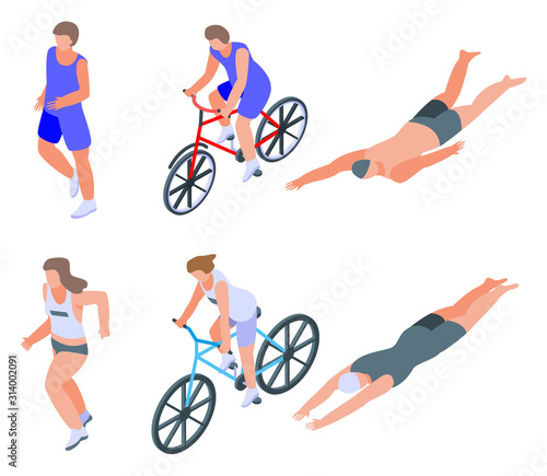Triathlon icons set. Isometric set of triathlon vector icons for web design isolated on white background