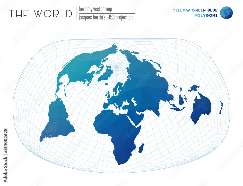 Polygonal map of the world. Jacques Bertin's 1953 projection of the world. Yellow Green Blue colored polygons. Creative vector illustration.