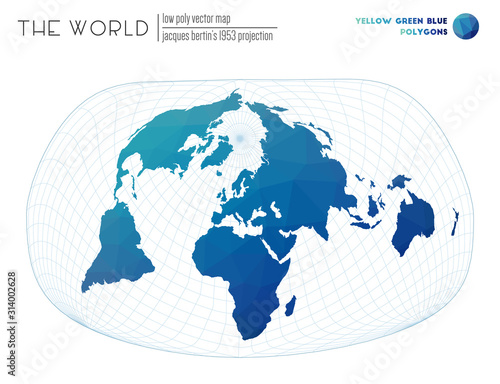 Polygonal map of the world. Jacques Bertin s 1953 projection of the world. Yellow Green Blue colored polygons. Creative vector illustration.