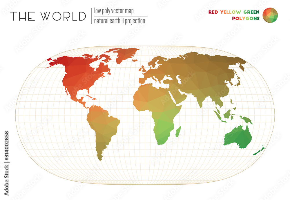 Triangular mesh of the world. Natural Earth II projection of the world. Red, Yellow, Green colored polygons. Stylish vector illustration. Triangular mesh of the world. Natural Earth II projection of the world. Red, Yellow, Green colored polygons. Stylish vector illustration.