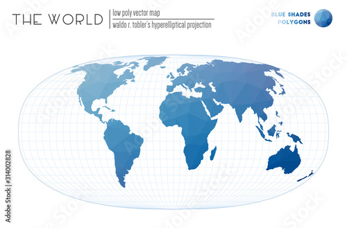 Polygonal world map. Waldo R. Tobler's hyperelliptical projection of the world. Blue Shades colored polygons. Creative vector illustration.