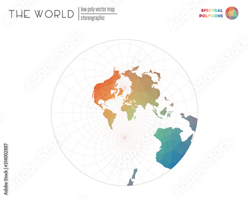 Vector map of the world. Stereographic of the world. Spectral colored polygons. Creative vector illustration.
