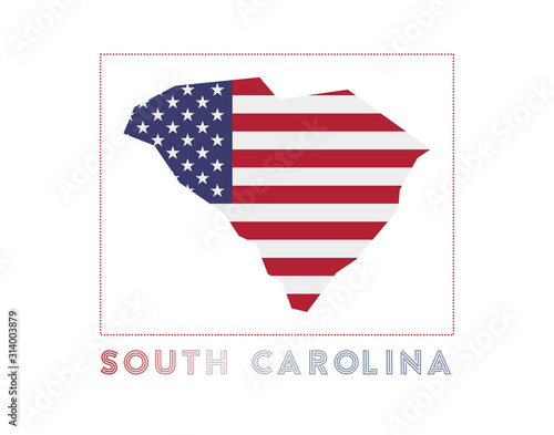 South Carolina Logo. Map of South Carolina with US state name and flag. Trendy vector illustration.