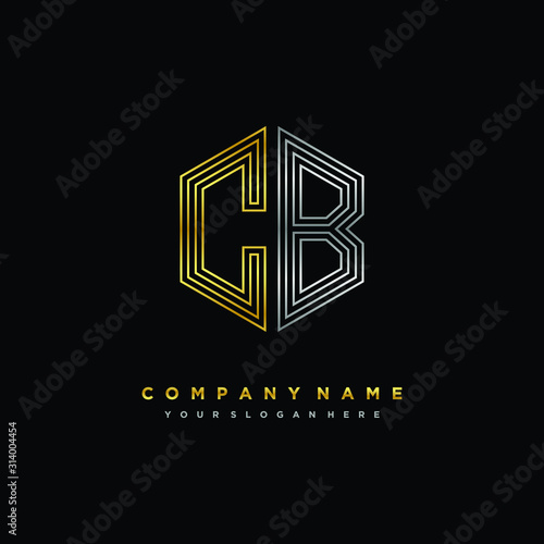 Initial letter CB, minimalist line art monogram hexagon logo, gold and silver color gradation