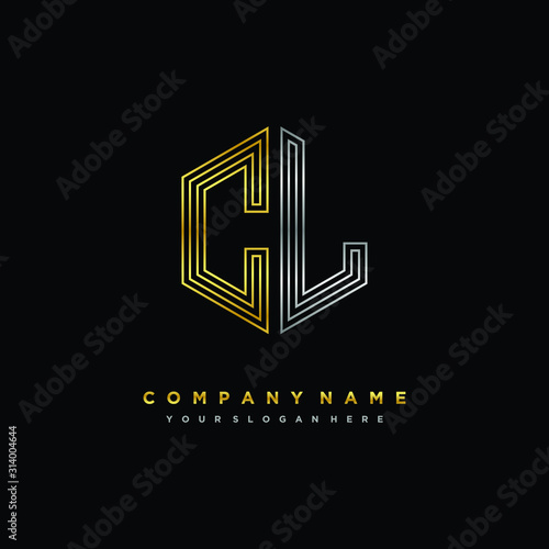 Initial letter CL, minimalist line art monogram hexagon logo, gold and silver color gradation