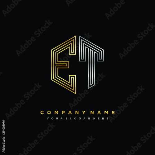 Initial letter ET, minimalist line art monogram hexagon logo, gold and silver color gradation