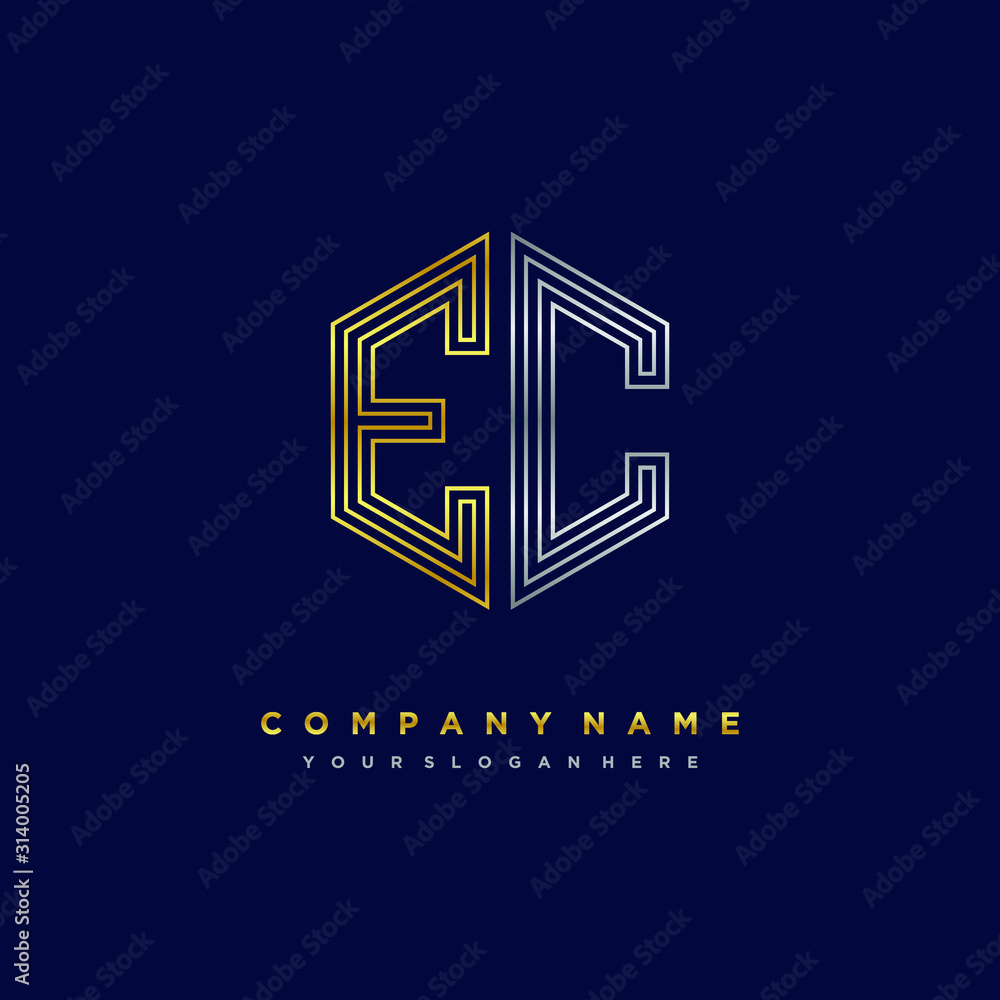 Initial letter EC, minimalist line art monogram hexagon logo, gold and silver color gradation Initial letter EC, minimalist line art monogram hexagon logo, gold and silver color gradation