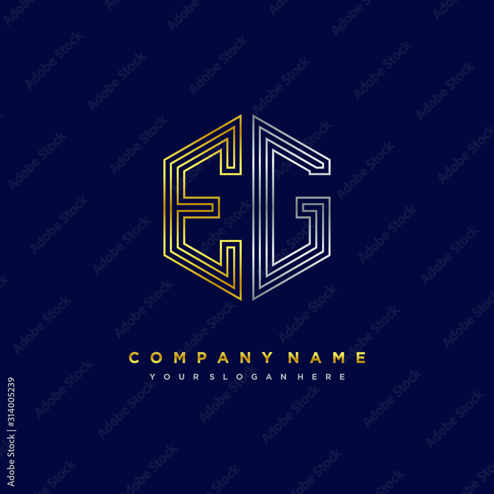 Initial letter EG, minimalist line art monogram hexagon logo, gold and silver color gradation Initial letter EG, minimalist line art monogram hexagon logo, gold and silver color gradation